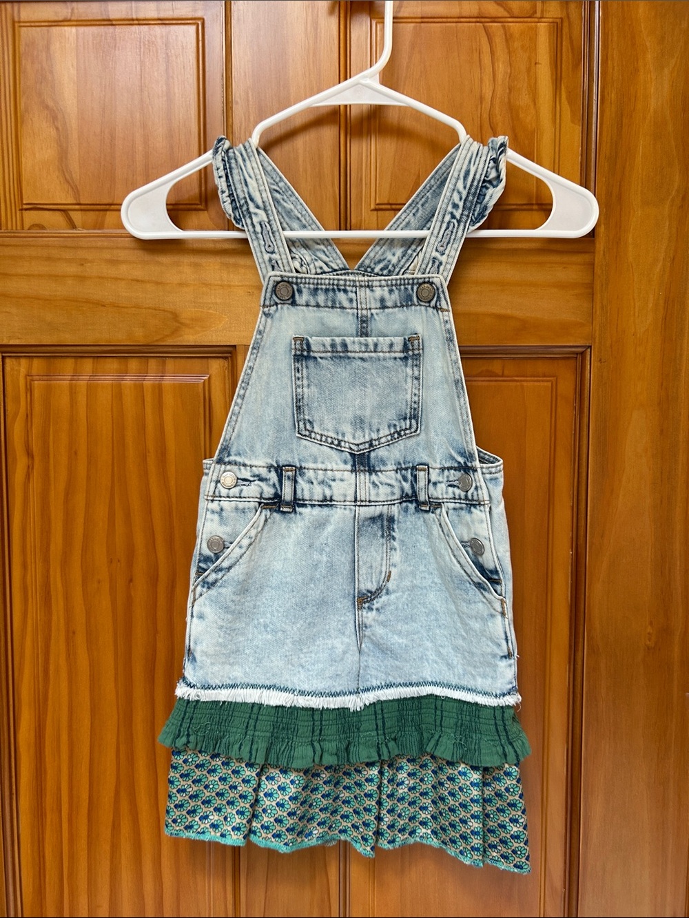 Up cycled Light Wash Denim Overall Dress with Green Trim